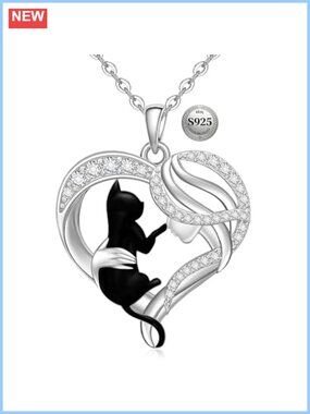 Sterling Silver Black Cat Necklace Heart Pendant Charm for Women